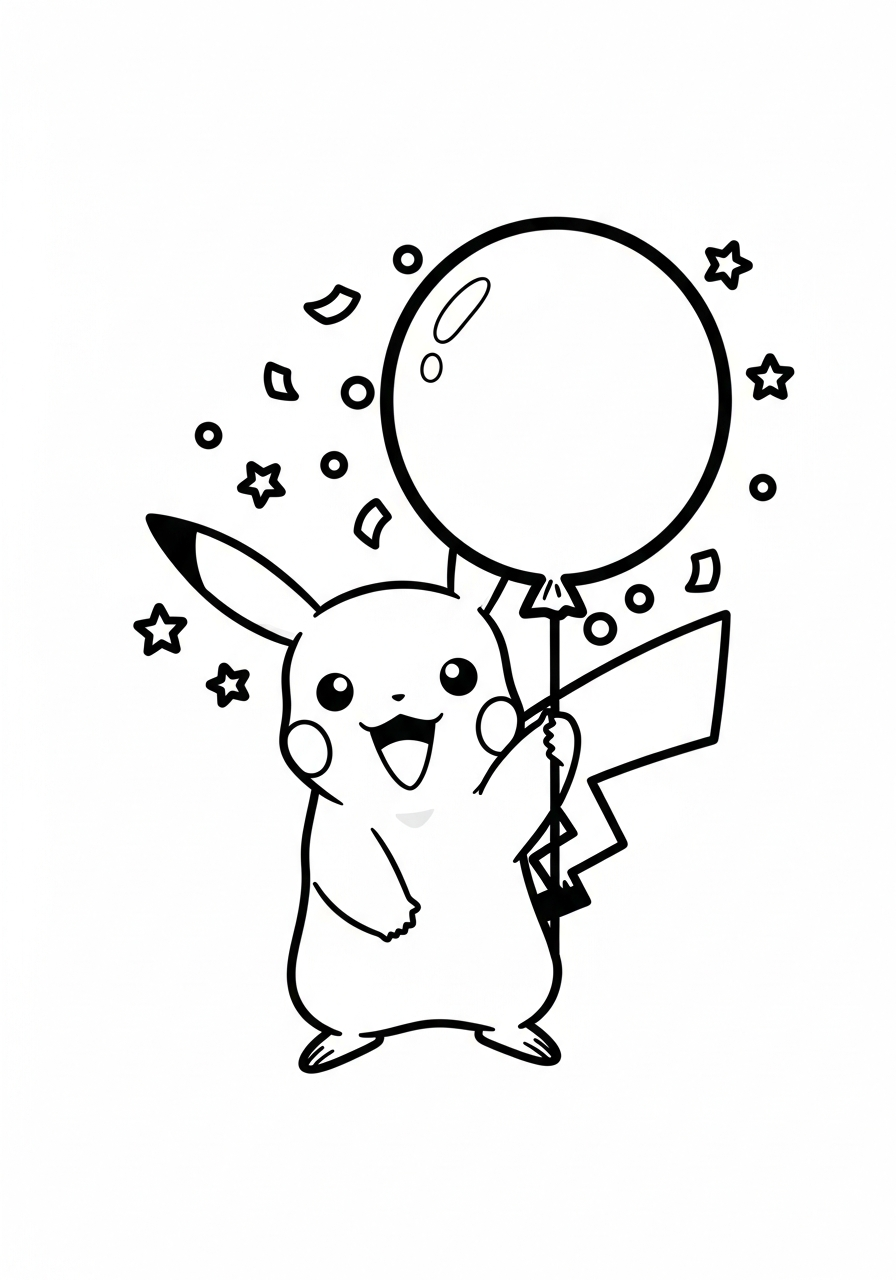 Pokemon kleurplaat van Pikachu die een grote ballon vasthoudt met confetti en sterretjes