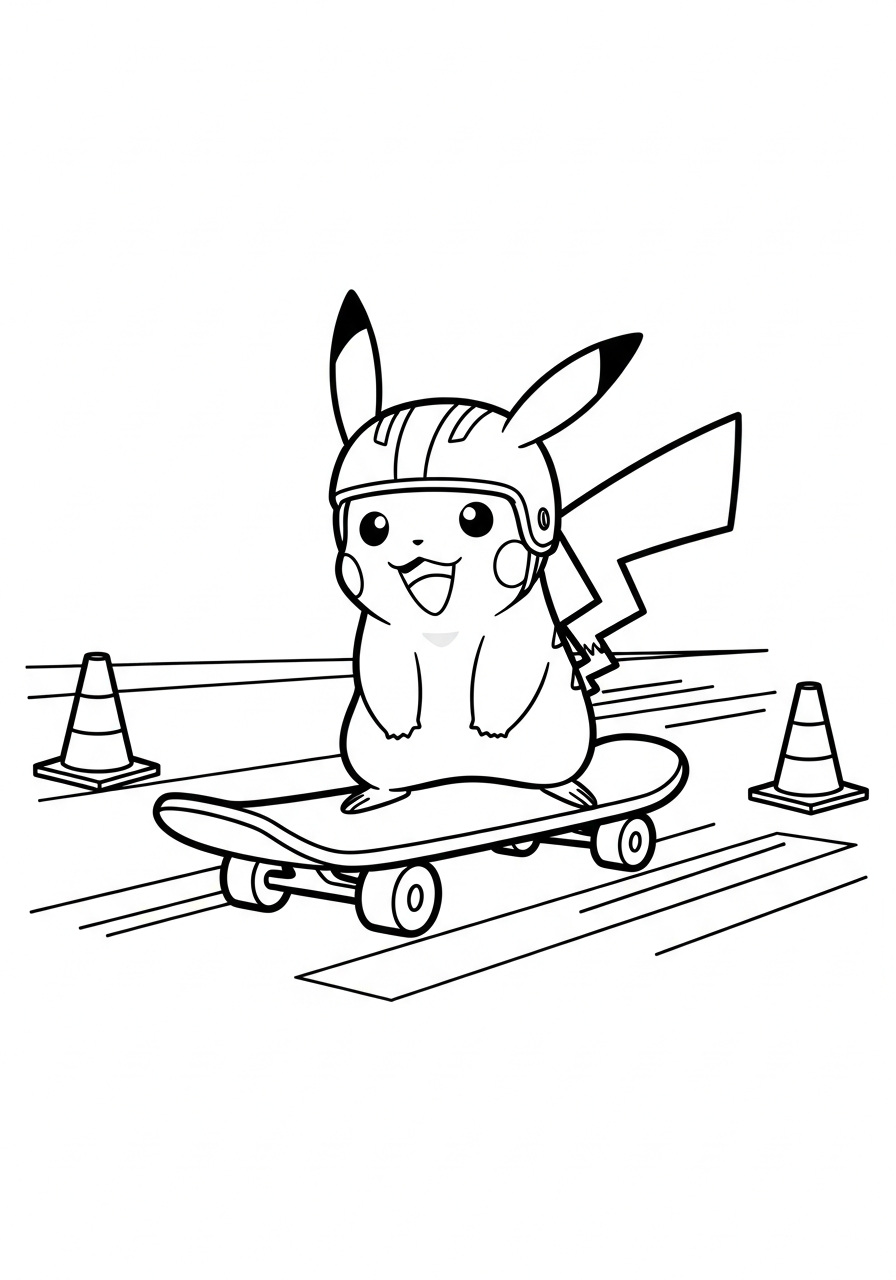 Pokemon kleurplaat van Pikachu op een skateboard met helm en simpele straatlijnen kleurplaat