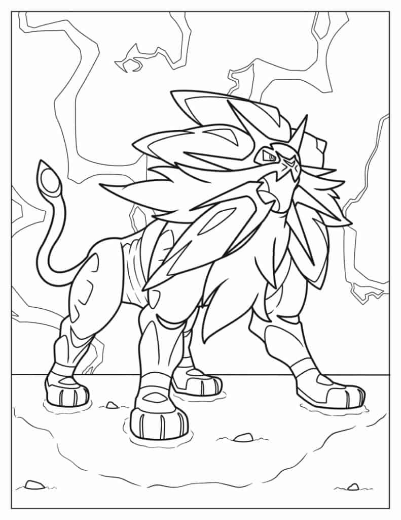 Pokemon kleurplaat van Solgaleo met bliksem op de achtergrond en krachtige houding