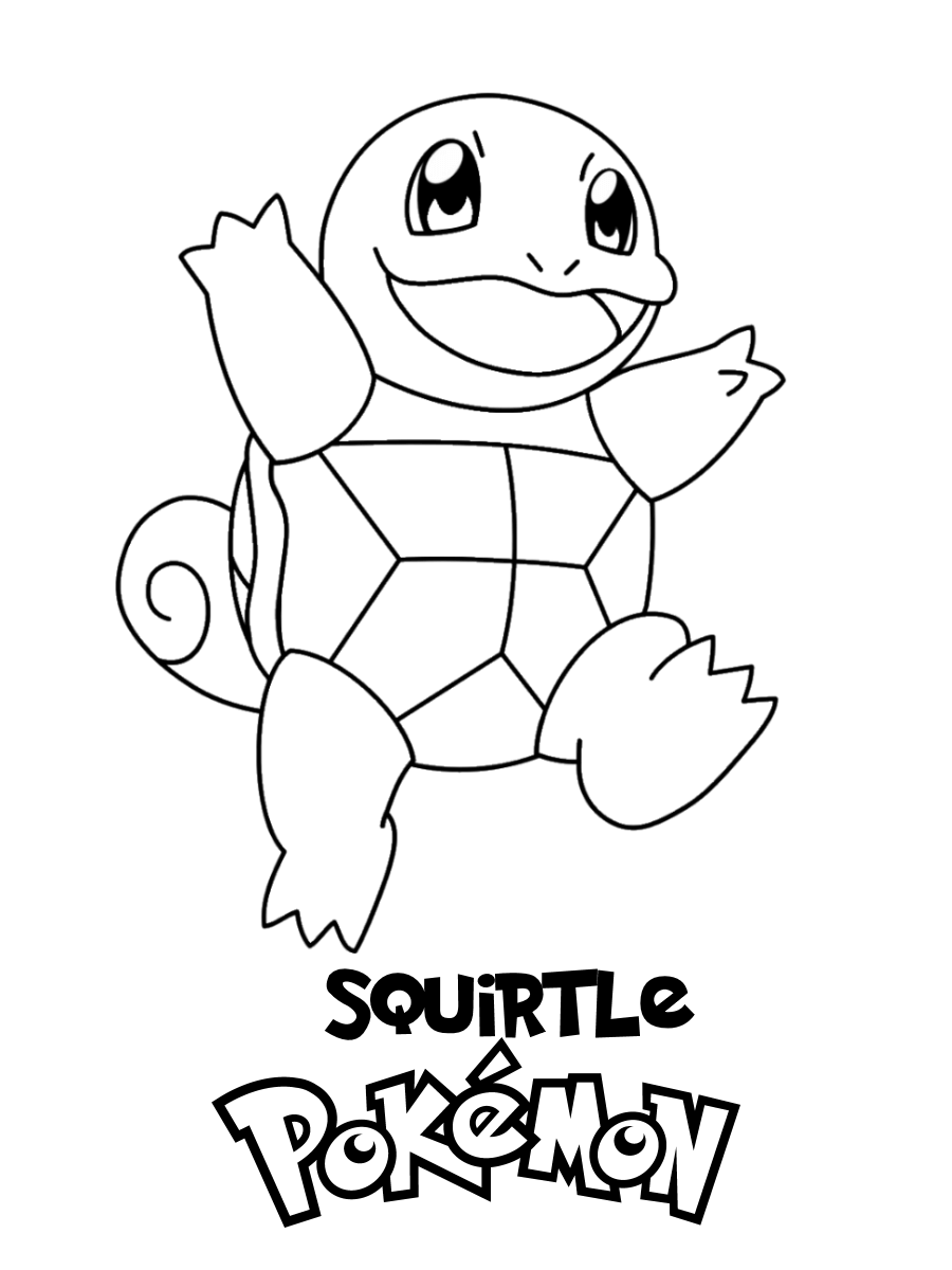 Pokemon kleurplaat van Squirtle die vrolijk springt met zijn schild en staart