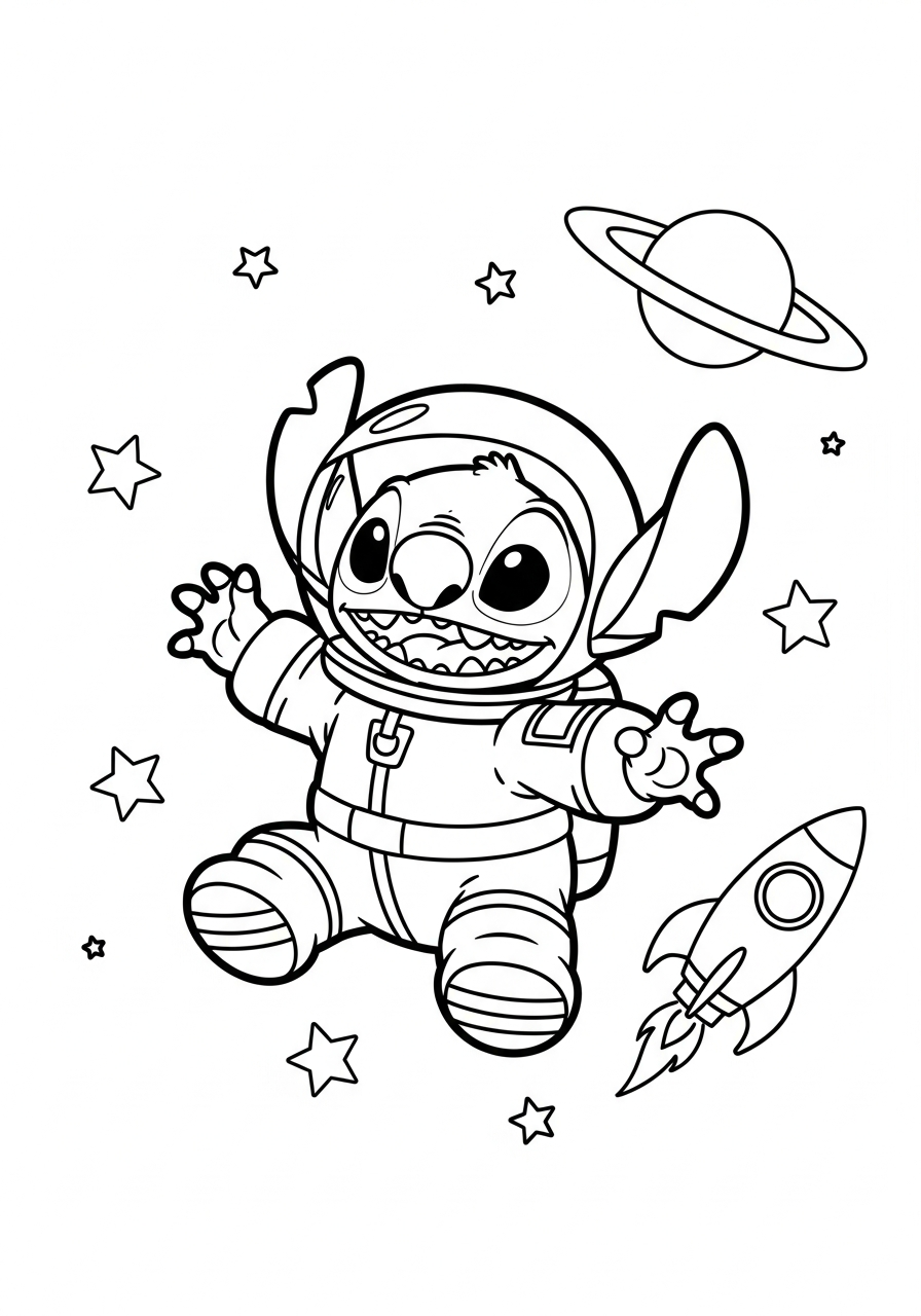 Stitch in een astronautenpak met sterren en planeten om hem heen kleurplaat
