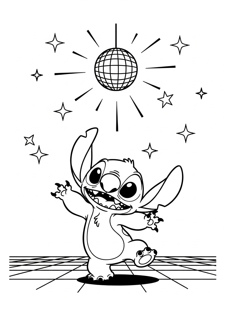 Stitch die danst onder een disco-bal met sterretjes en lichtstralen kleurplaat