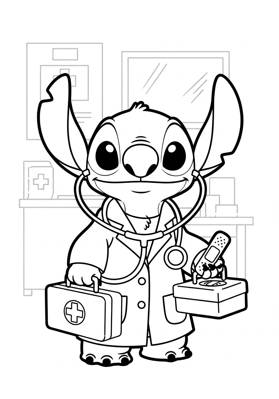Stitch als dokter met stethoscoop en een grote pleister op een doosje kleurplaat