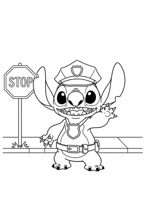 Stitch als politieagent met pet kleurplaat om te printen en kleuren