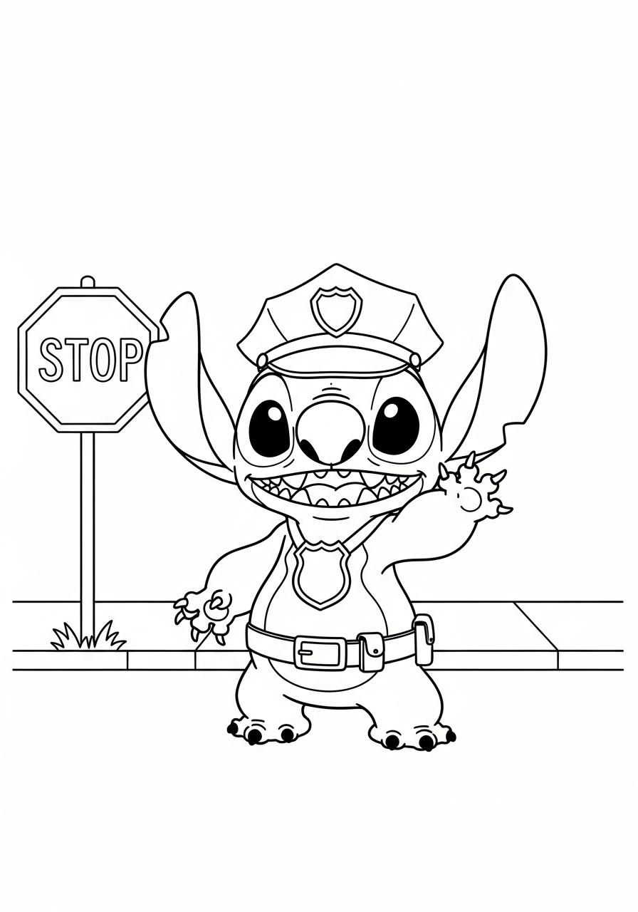 Stitch als politieagent met pet en badge, zwaaiend naar voorbijgangers kleurplaat