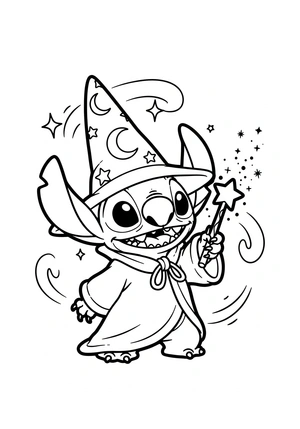 Stitch als tovenaar met sterrenstok kleurplaat om te printen en kleuren