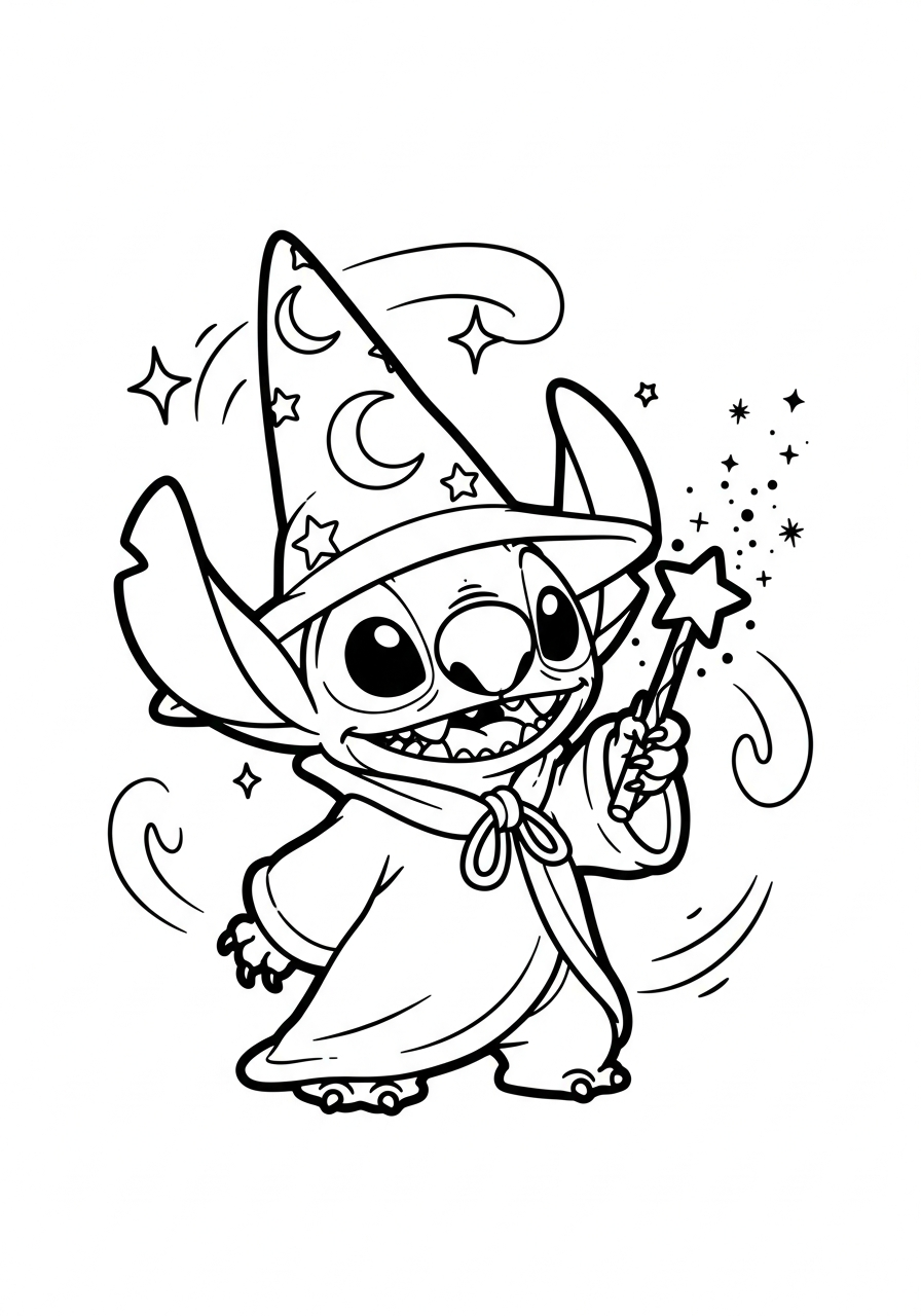 Stitch als tovenaar met puntmuts en een sterrenstok met vonkjes kleurplaat