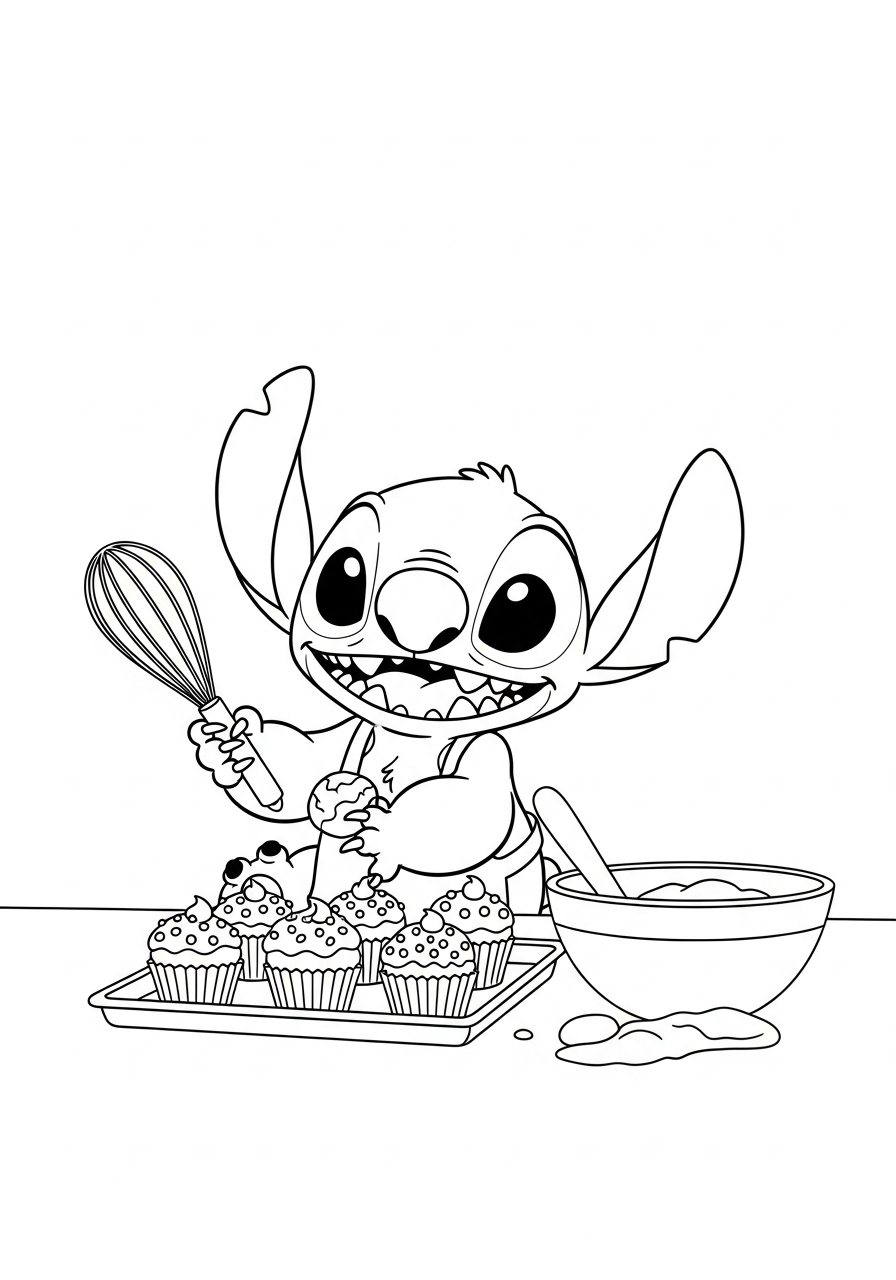 Stitch met een bakplaat vol cupcakes met sprinkles en een garde kleurplaat