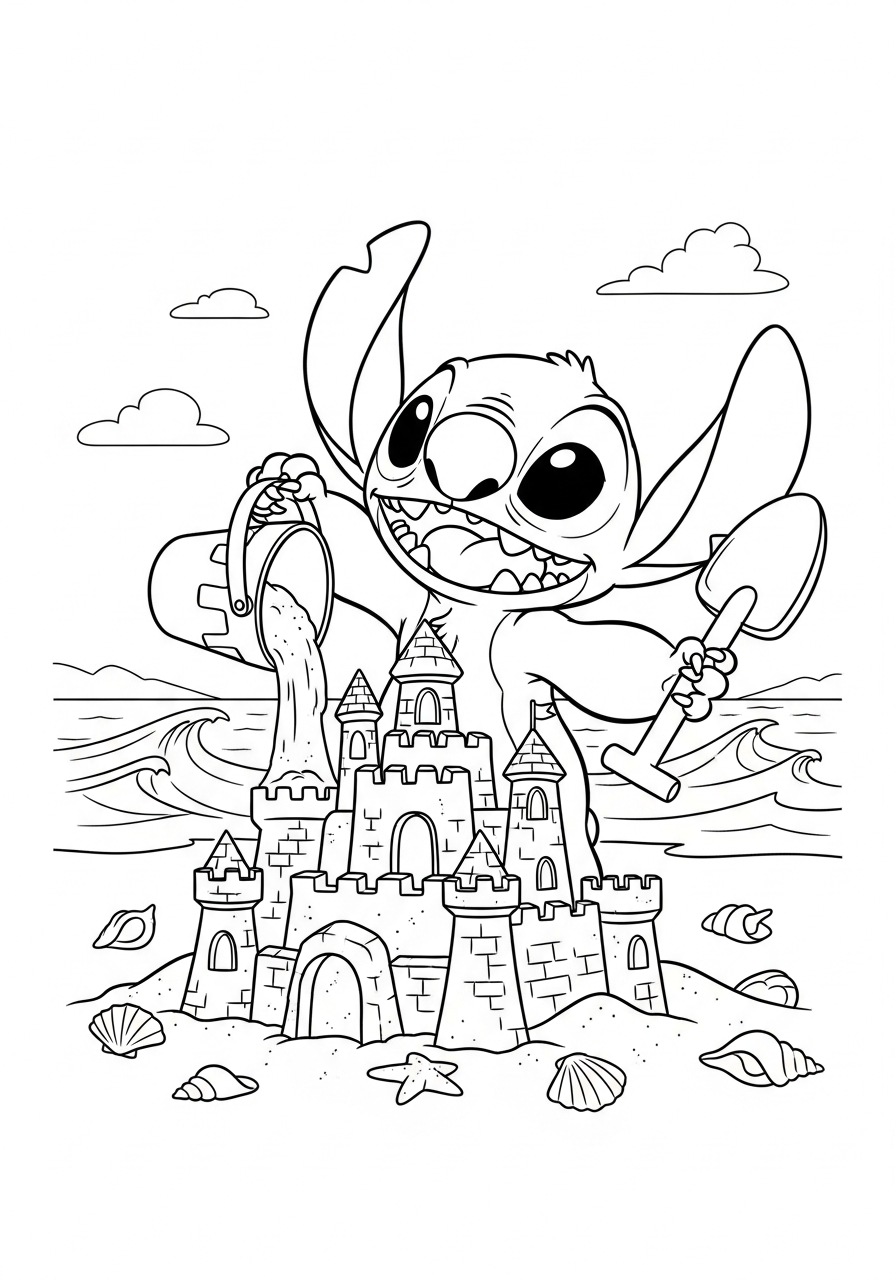 Stitch die een zandkasteel bouwt met schelpjes en een emmertje kleurplaat