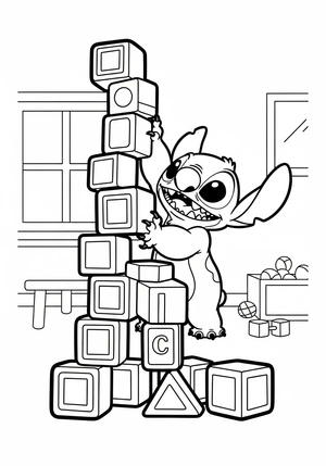 Stitch bouwt met blokken een toren kleurplaat om te printen en kleuren