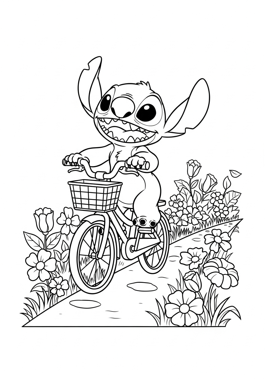 Stitch op een fiets met een mandje en bloemen langs de weg kleurplaat