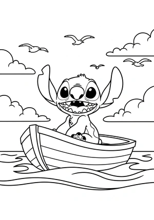 Stitch in een bootje op zee kleurplaat om te printen en kleuren