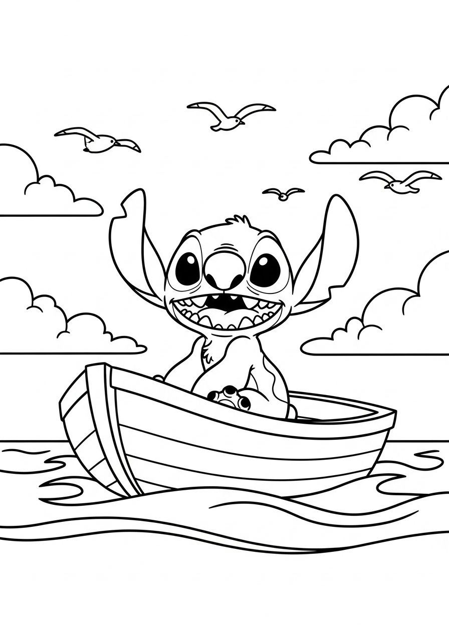 Stitch in een klein bootje op zee met golven en meeuwen kleurplaat
