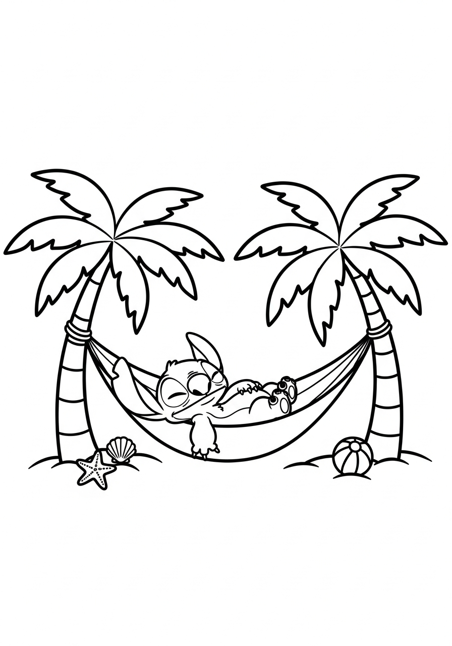 Stitch die ontspant in een hangmat tussen twee palmbomen kleurplaat