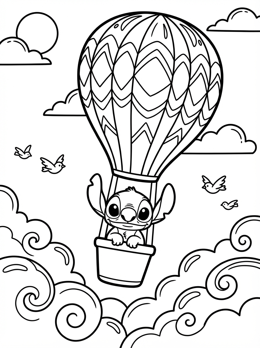 Stitch in een luchtballonmandje boven wolken met vogels kleurplaat