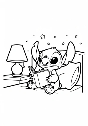 Stitch leest een boek in bed kleurplaat om te printen en kleuren