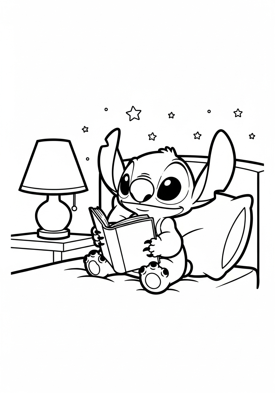 Stitch die een boek leest in bed met een lampje en sterren kleurplaat
