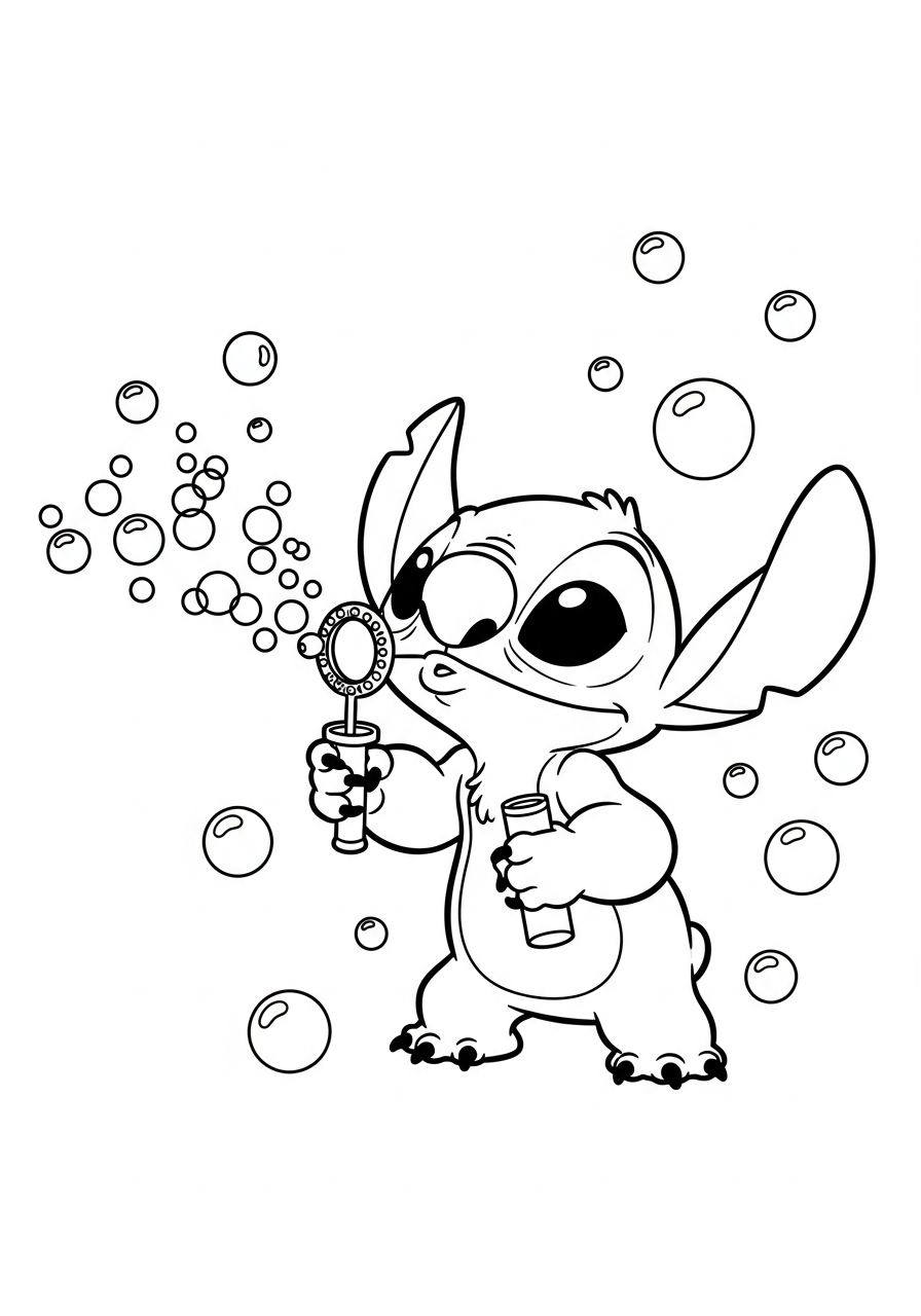 Stitch die bellen blaast met een bellenblaasstokje en veel bubbels kleurplaat