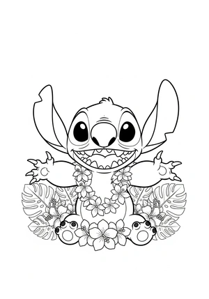 Stitch met bloemenkrans in Hawaii kleurplaat om te printen en kleuren