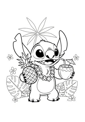 Stitch met een ananas en kokosnoot kleurplaat om te printen en kleuren