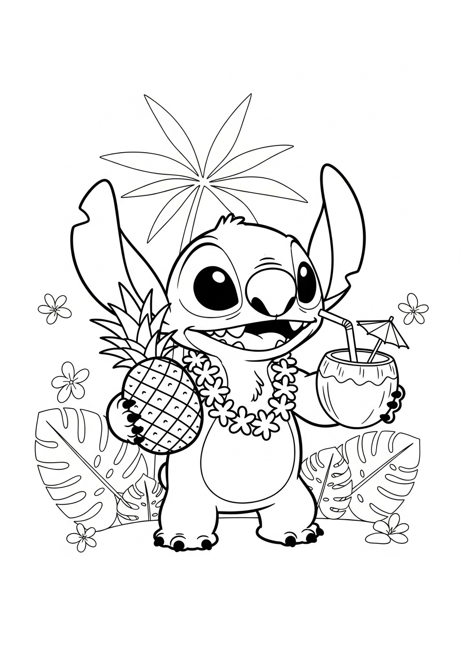 Stitch met een ananas en een kokosnootdrankje met rietje kleurplaat