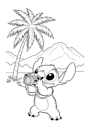 Stitch met een camera op vakantie kleurplaat om te printen en kleuren