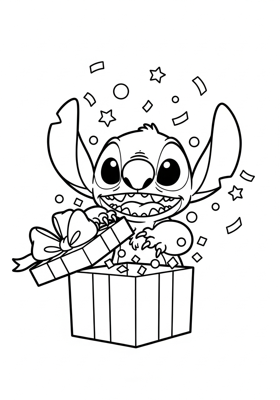 Stitch die een grote cadeau-doos met strik opent met confetti kleurplaat