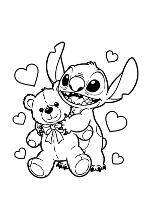 Stitch met een grote knuffelbeer kleurplaat om te printen en kleuren