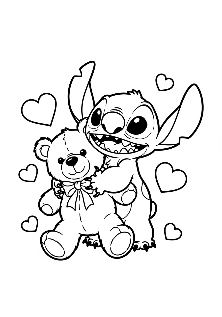 Stitch die een grote knuffelbeer vasthoudt met een strik kleurplaat