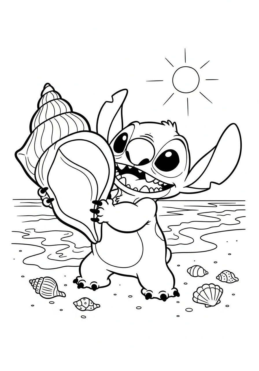 Stitch die een grote schelp vindt op het strand met kleine schelpjes kleurplaat