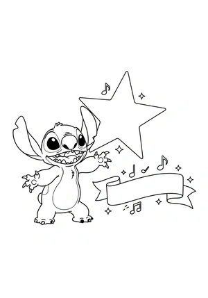 Stitch met een grote ster en naam-banner kleurplaat om te printen en kleuren