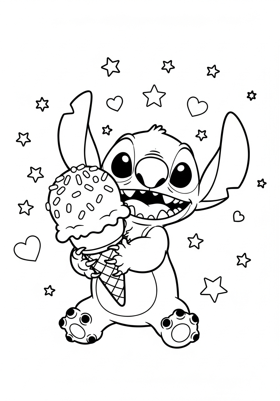 Stitch die een groot ijsje vasthoudt met vrolijke sprinkles kleurplaat