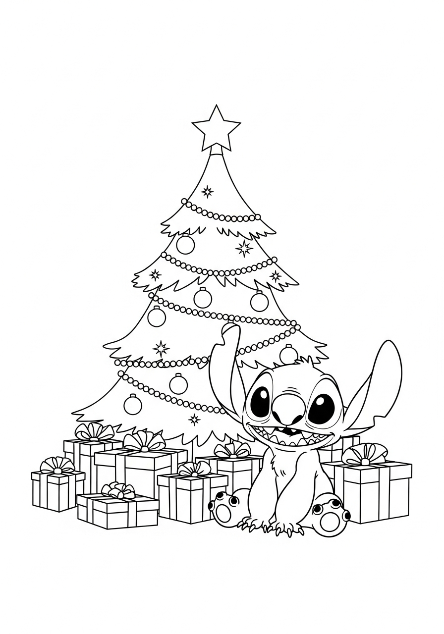 Stitch bij een kerstboom met kerstballen en cadeautjes eronder kleurplaat