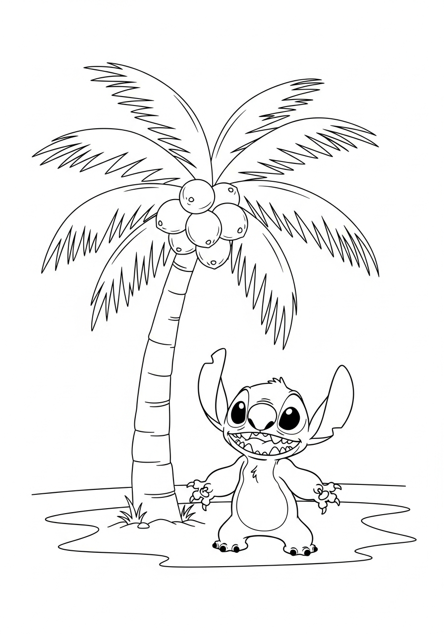 Stitch bij een kokosboom met kokosnoten en tropische bladeren kleurplaat