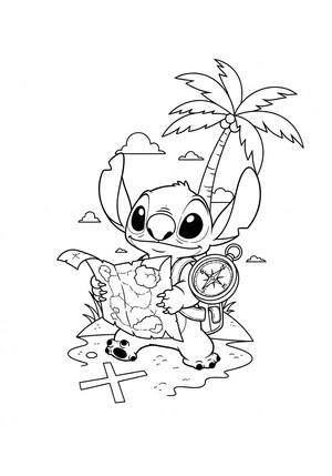 Stitch met een kompas en schatkaart kleurplaat om te printen en kleuren