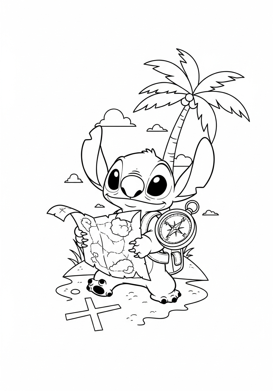 Stitch met een schatkaart en kompas, klaar voor een speurtocht kleurplaat