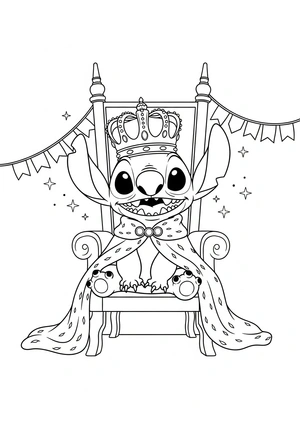 Stitch met een kroon als koning kleurplaat om te printen en kleuren