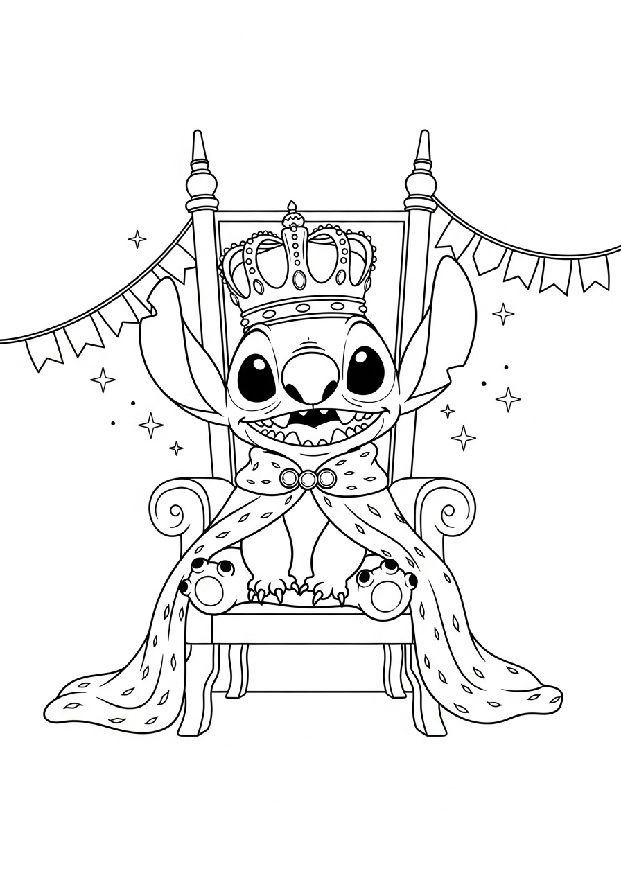 Stitch met een kroon op een troon met sterren en een mantel kleurplaat