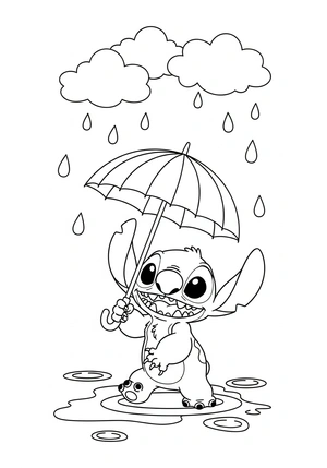 Stitch met een regenboogparaplu kleurplaat om te printen en kleuren