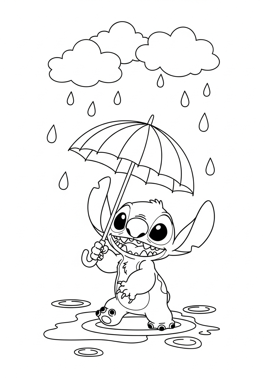 Stitch met een paraplu met regenboogpanelen en regendruppels kleurplaat