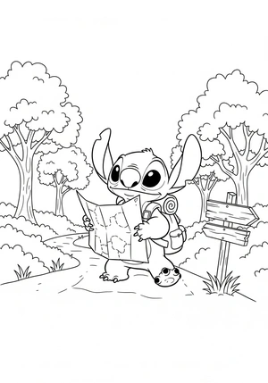 Stitch met een rugzak op avontuur kleurplaat om te printen en kleuren