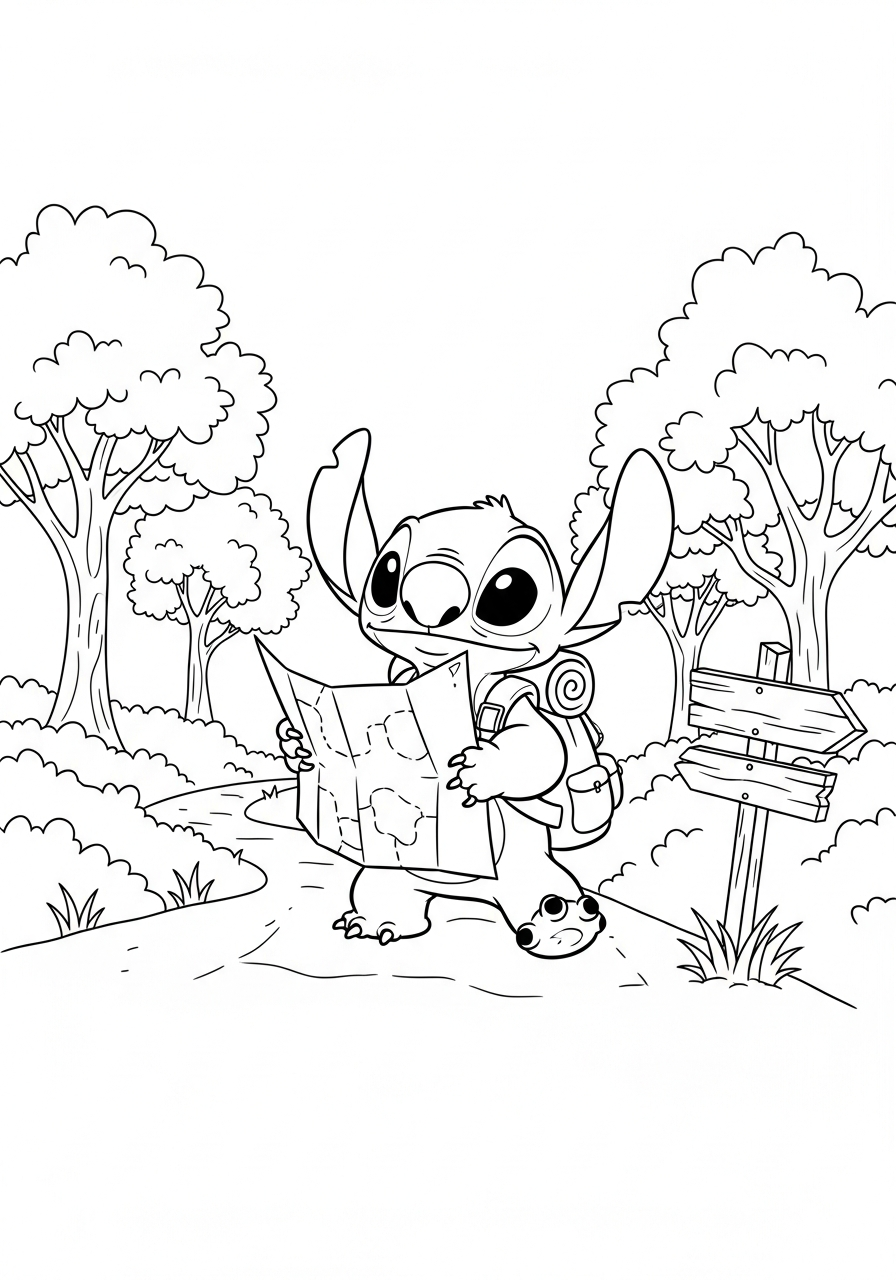 Stitch met een rugzak en een kaart, wandelend over een pad kleurplaat