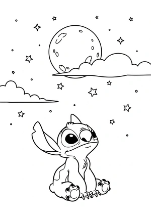 Stitch met een sterrenhemel en maan kleurplaat om te printen en kleuren