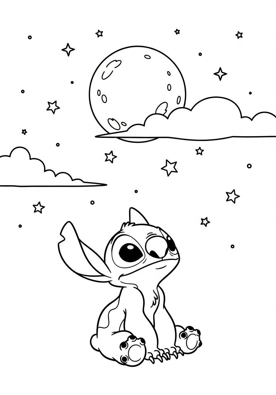 Stitch zittend onder een sterrenhemel met een grote maan en wolkjes kleurplaat