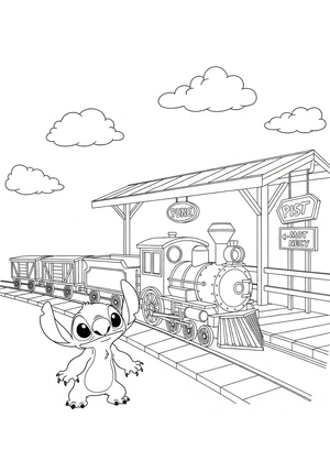 Stitch met een trein en stationnetje kleurplaat om te printen en kleuren