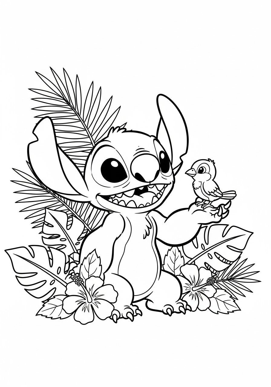 Stitch met een tropische vogel op zijn hand tussen bladeren kleurplaat