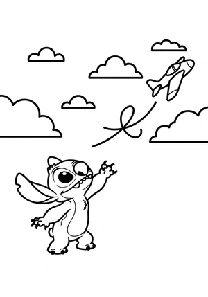 Stitch met een vliegend vliegtuigje kleurplaat om te printen en kleuren