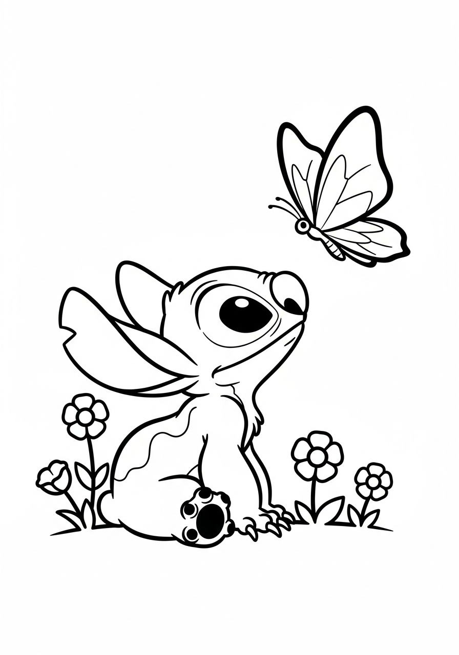 Stitch die naar een grote vlinder kijkt tussen bloemen kleurplaat