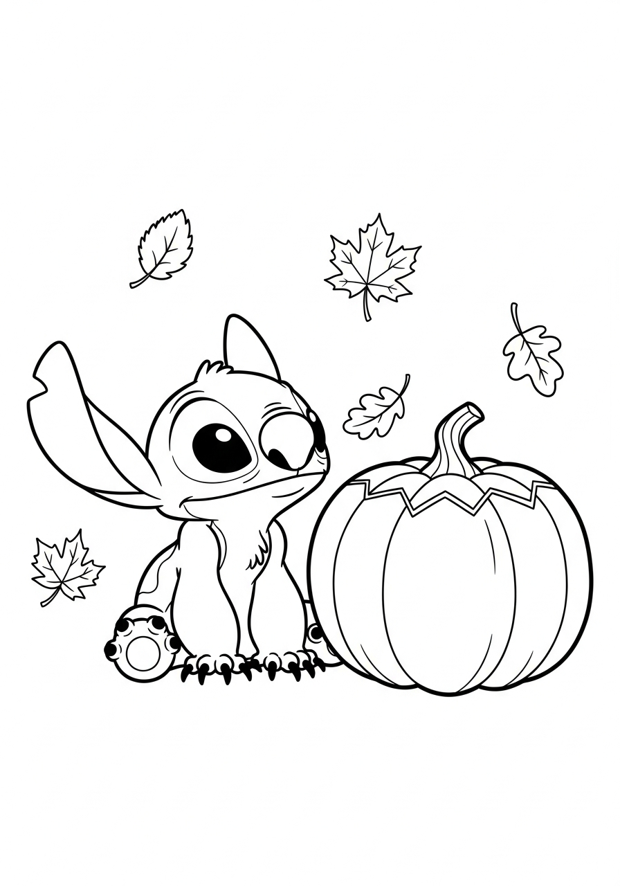 Stitch naast een grote pompoen met vallende herfstblaadjes kleurplaat