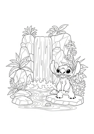 Stitch ontdekt een waterval kleurplaat om te printen en kleuren